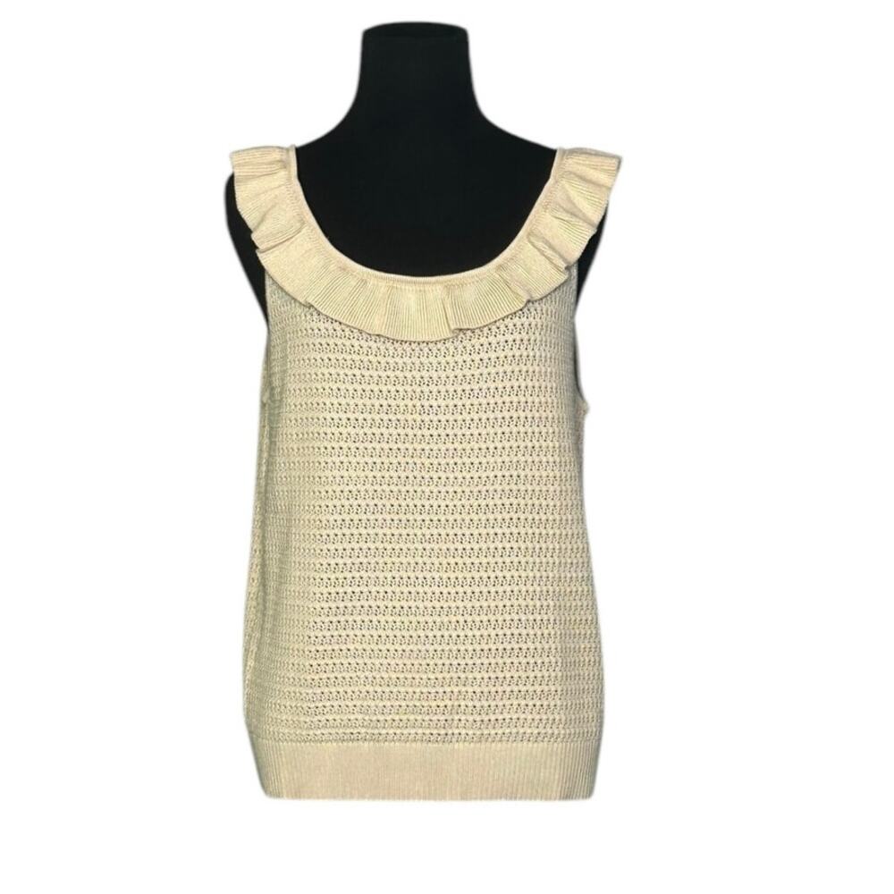 Tanou beige sleeveless ruffle neckline knit top size M